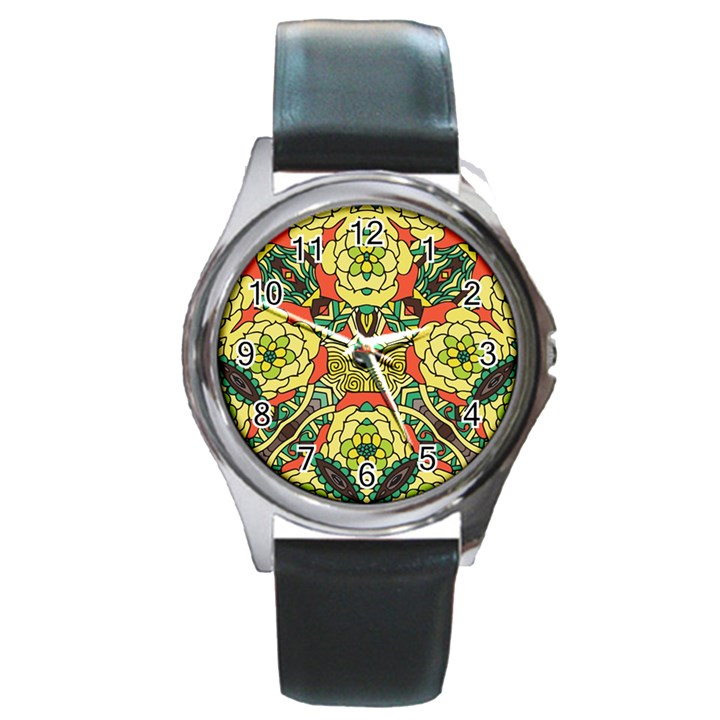 Petals, Retro Yellow, Bold Flower Design Round Metal Watch