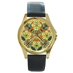 Petals, Retro Yellow, Bold Flower Design Round Gold Metal Watch by Zandiepants