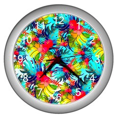 Watercolor Tropical Leaves Pattern Wall Clocks (silver)  by TastefulDesigns