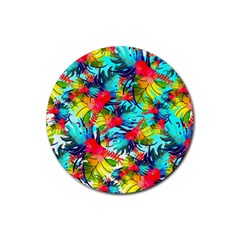 Watercolor Tropical Leaves Pattern Rubber Coaster (round)  by TastefulDesigns