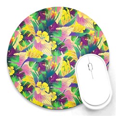 Tropical Flowers And Leaves Background Round Mousepads by TastefulDesigns