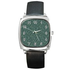 Whimsical Feather Pattern, Forest Green Square Metal Watch by Zandiepants