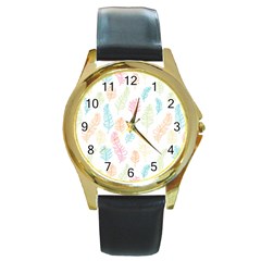 Whimsical Feather Pattern,Fresh Colors, Round Gold Metal Watch