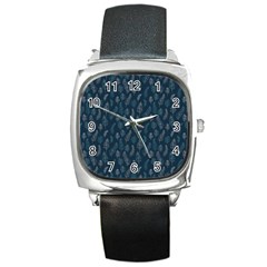 Whimsical Feather Pattern, Midnight Blue, Square Metal Watch by Zandiepants