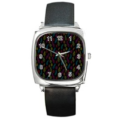 Whimsical Feather Pattern, Bright Pink Red Blue Green Yellow, Square Metal Watch by Zandiepants