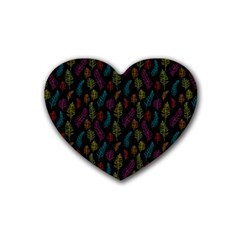 Whimsical Feather Pattern, Bright Pink Red Blue Green Yellow, Rubber Coaster (heart)