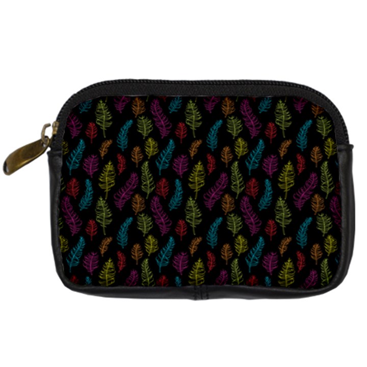 Whimsical Feather Pattern, bright pink red blue green yellow, Digital Camera Leather Case