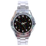 Whimsical Feather Pattern, bright pink red blue green yellow, Stainless Steel Analogue Watch Front