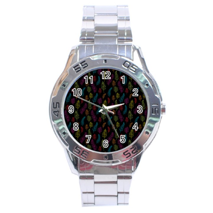 Whimsical Feather Pattern, bright pink red blue green yellow, Stainless Steel Analogue Watch