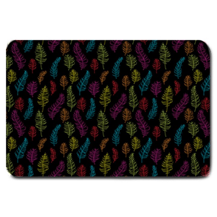 Whimsical Feather Pattern, bright pink red blue green yellow, Large Doormat