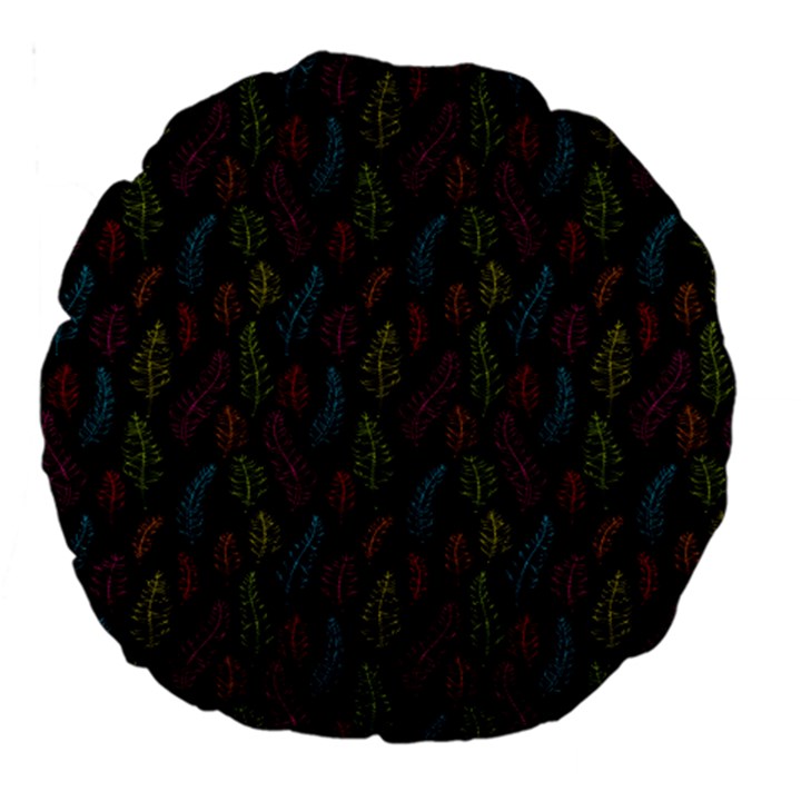 Whimsical Feather Pattern, bright pink red blue green yellow, Large 18  Premium Round Cushion 