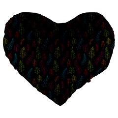 Whimsical Feather Pattern, Bright Pink Red Blue Green Yellow, Large 19  Premium Flano Heart Shape Cushion