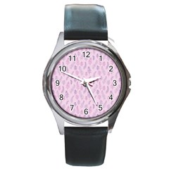 Whimsical Feather Pattern, Pink & Purple, Round Metal Watch by Zandiepants