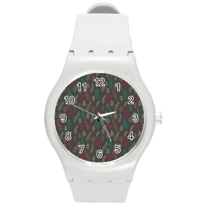 Whimsical Feather Pattern, autumn colors, Round Plastic Sport Watch (M)