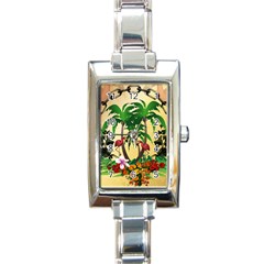 Tropical Design With Flamingo And Palm Tree Rectangle Italian Charm Watch by FantasyWorld7