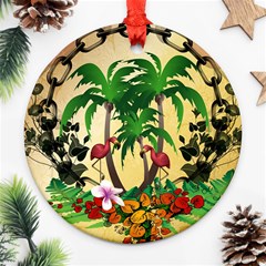 Tropical Design With Flamingo And Palm Tree Ornament (round)  by FantasyWorld7