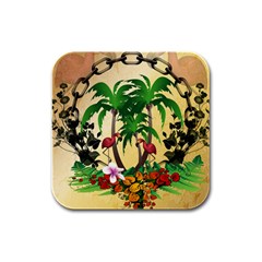 Tropical Design With Flamingo And Palm Tree Rubber Square Coaster (4 Pack)  by FantasyWorld7