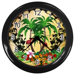 Tropical Design With Flamingo And Palm Tree Wall Clocks (black) by FantasyWorld7