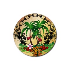 Tropical Design With Flamingo And Palm Tree Rubber Round Coaster (4 Pack)  by FantasyWorld7