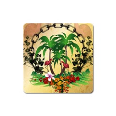 Tropical Design With Flamingo And Palm Tree Square Magnet by FantasyWorld7