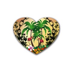 Tropical Design With Flamingo And Palm Tree Rubber Coaster (heart)  by FantasyWorld7