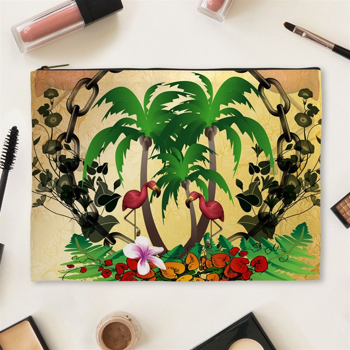 Tropical Design With Flamingo And Palm Tree Cosmetic Bag (XL)