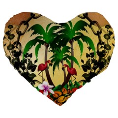 Tropical Design With Flamingo And Palm Tree Large 19  Premium Heart Shape Cushions by FantasyWorld7