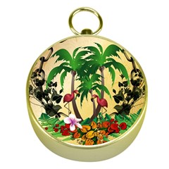 Tropical Design With Flamingo And Palm Tree Gold Compasses