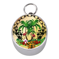 Tropical Design With Flamingo And Palm Tree Mini Silver Compasses