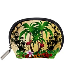 Tropical Design With Flamingo And Palm Tree Accessory Pouches (small)  by FantasyWorld7