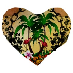 Tropical Design With Flamingo And Palm Tree Large 19  Premium Flano Heart Shape Cushions