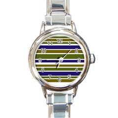 Olive Green Blue Stripes Pattern Round Italian Charm Watch by BrightVibesDesign