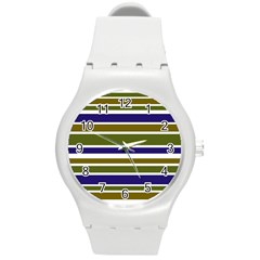 Olive Green Blue Stripes Pattern Round Plastic Sport Watch (m) by BrightVibesDesign