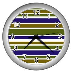 Olive Green Blue Stripes Pattern Wall Clocks (silver)  by BrightVibesDesign