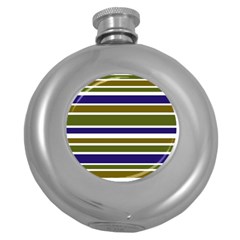 Olive Green Blue Stripes Pattern Round Hip Flask (5 Oz) by BrightVibesDesign