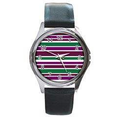 Purple Green Stripes Round Metal Watch by BrightVibesDesign