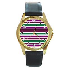 Purple Green Stripes Round Gold Metal Watch by BrightVibesDesign