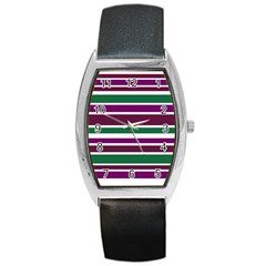 Purple Green Stripes Barrel Style Metal Watch by BrightVibesDesign