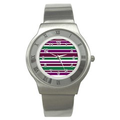 Purple Green Stripes Stainless Steel Watch by BrightVibesDesign