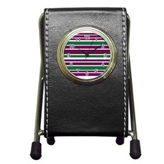 Purple Green Stripes Pen Holder Desk Clocks by BrightVibesDesign