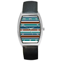 Teal Brown Stripes Barrel Style Metal Watch by BrightVibesDesign