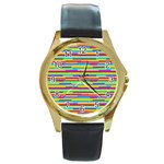 Colorful Stripes Background Round Gold Metal Watch Front