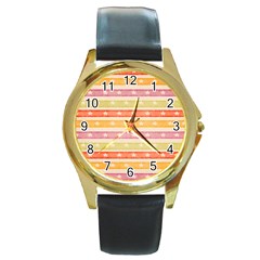 Watercolor Stripes Background With Stars Round Gold Metal Watch by TastefulDesigns