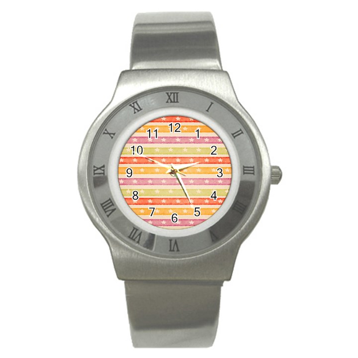 Watercolor Stripes Background With Stars Stainless Steel Watch