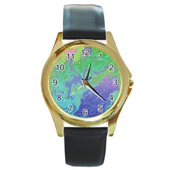 Green Blue Pink Color Splash Round Gold Metal Watch by BrightVibesDesign