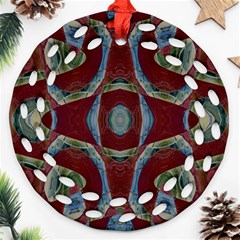 Fancy Maroon Blue Design Round Filigree Ornament (2side) by BrightVibesDesign