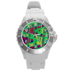 Bright Green Mod Pop Art Round Plastic Sport Watch (l) by BrightVibesDesign