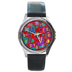 Bright Red Mod Pop Art Round Metal Watch by BrightVibesDesign