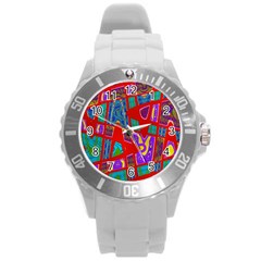 Bright Red Mod Pop Art Round Plastic Sport Watch (l) by BrightVibesDesign