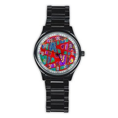 Bright Red Mod Pop Art Stainless Steel Round Watch by BrightVibesDesign